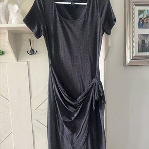 Black Ruched Sheath Midi Dress Scoop Neck